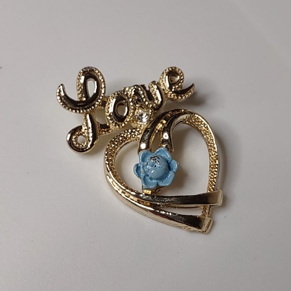 Vintage Gerry's Gold Tone Love Brooch With Blue Flower - Picture 2 of 14